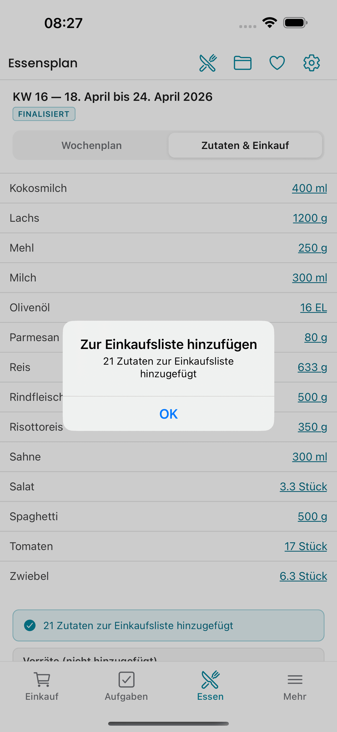 Mokkeli — 21 Zutaten zur Einkaufsliste hinzugefügt