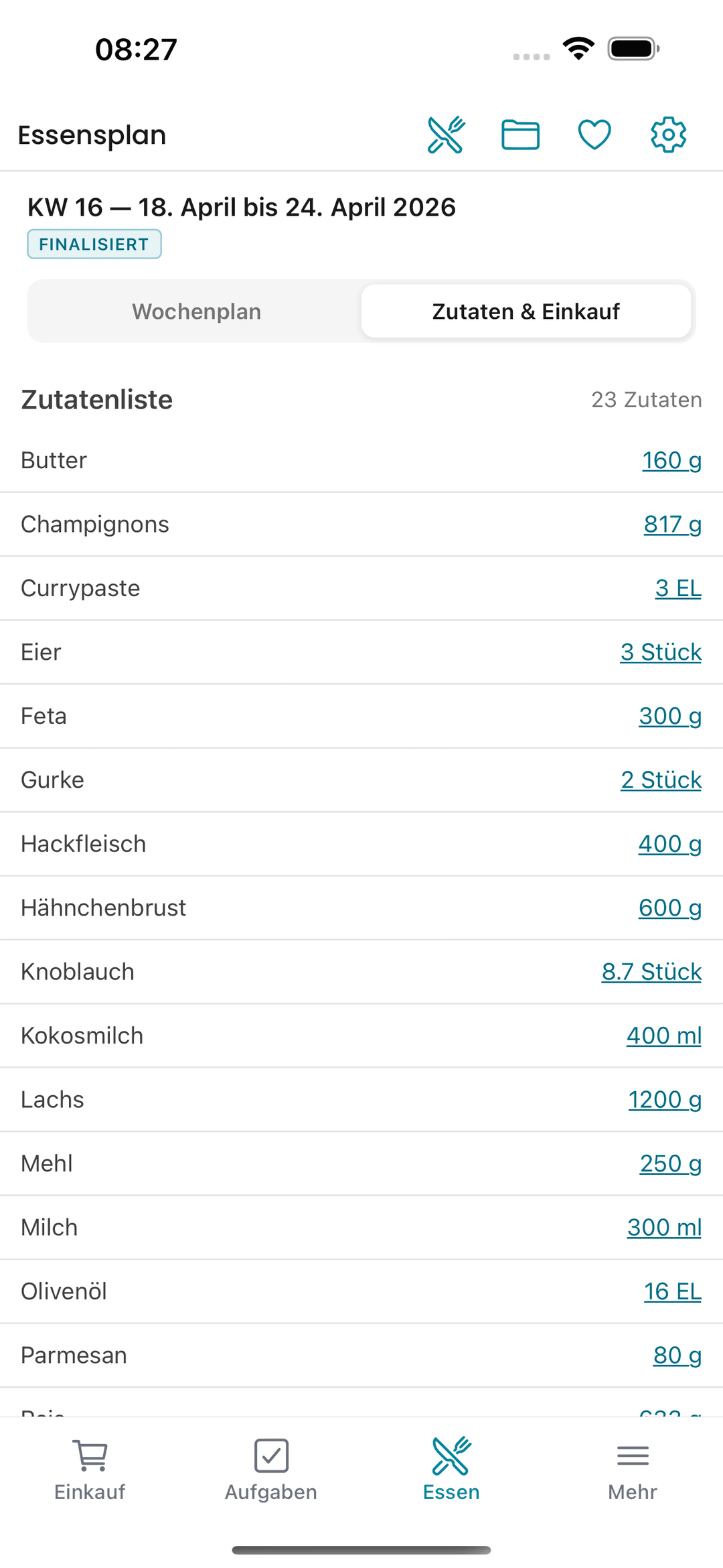 Mokkeli Zutatenliste — alle Zutaten aus dem Wochenplan zusammengefasst