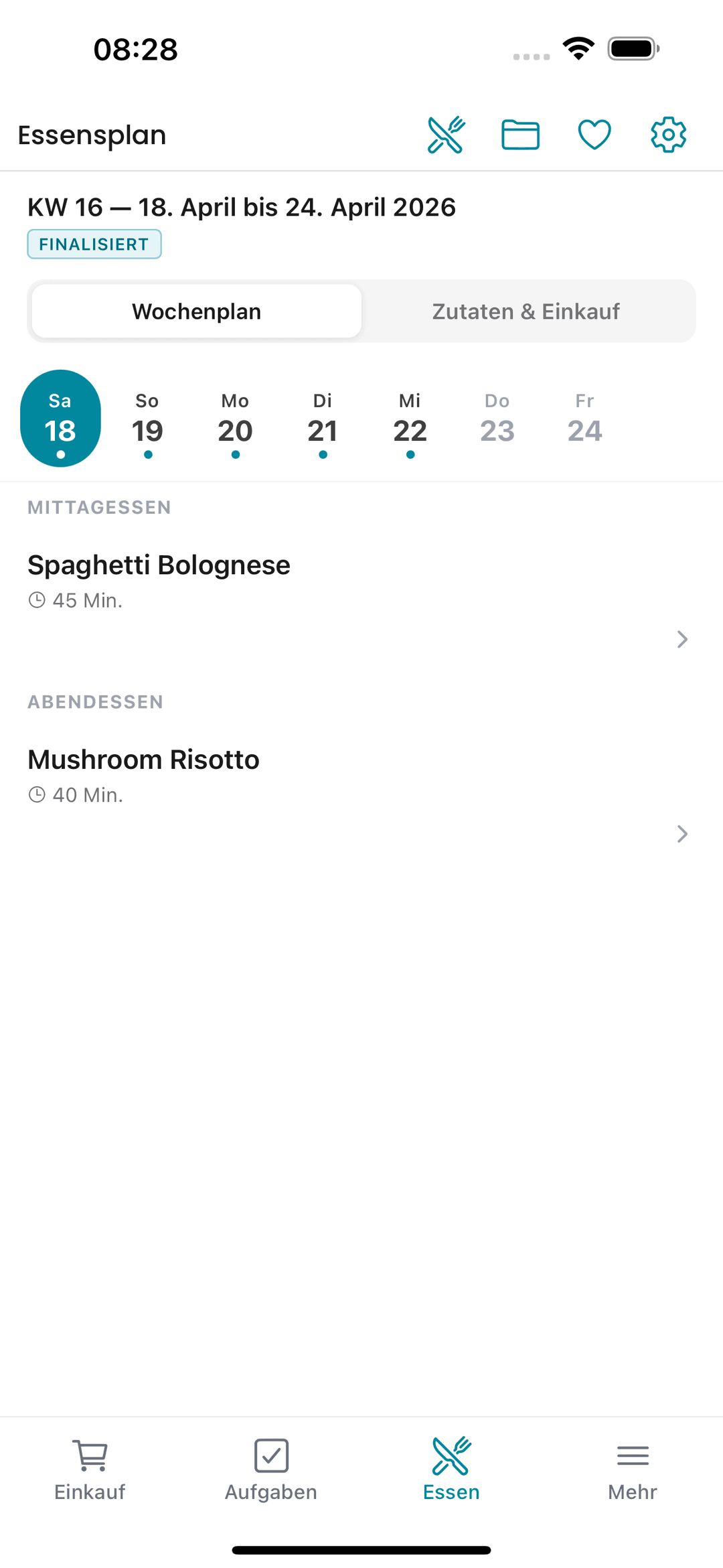 Mokkeli Essensplan Wochenansicht mit Mittagessen und Abendessen
