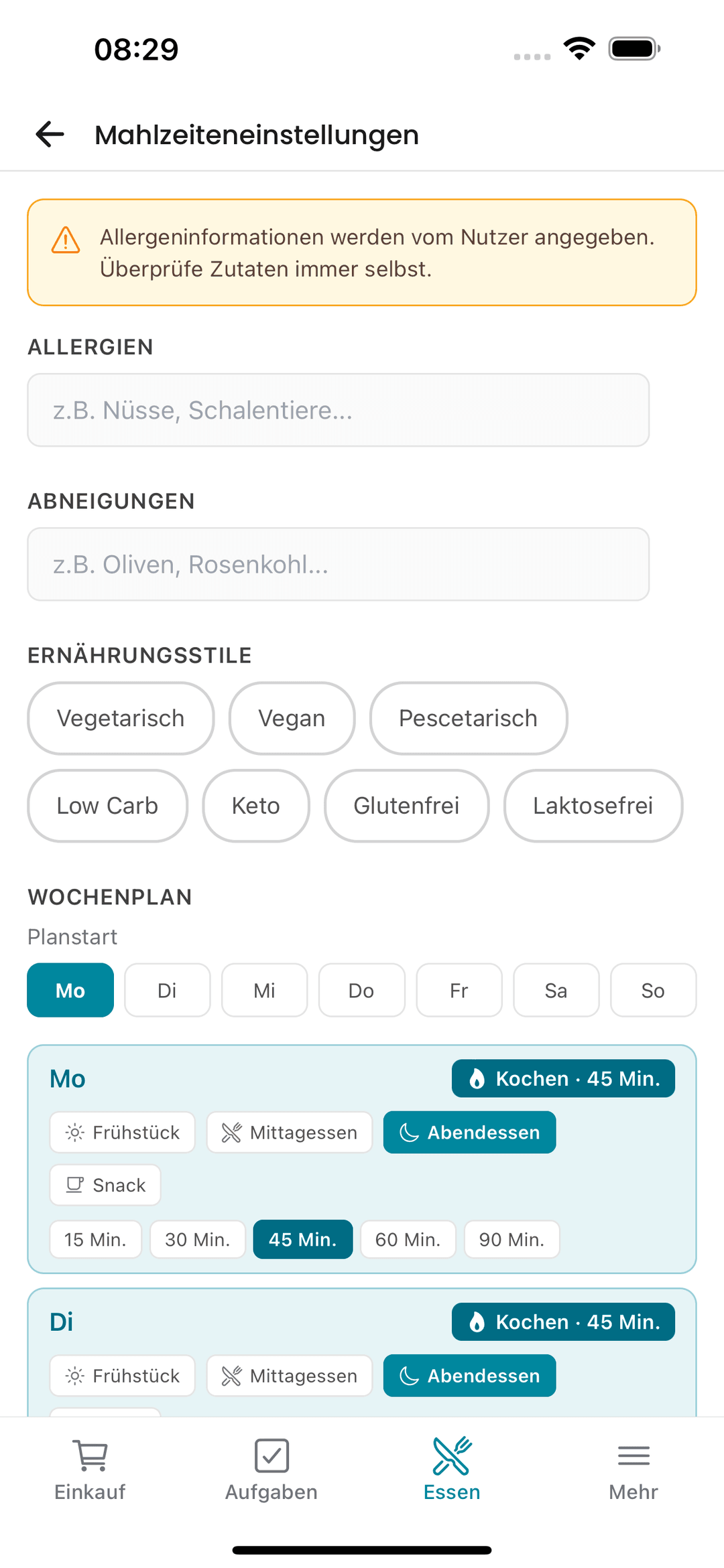 Mokkeli Essensvorlieben — Allergien, Ernährungsstile und Kochzeiten einstellen