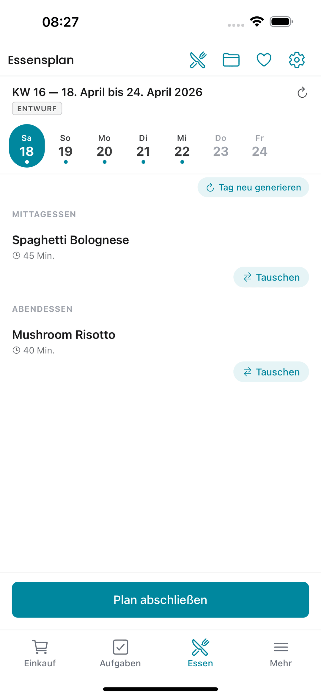 Mokkeli KI-generierter Wochenplan mit Rezepten
